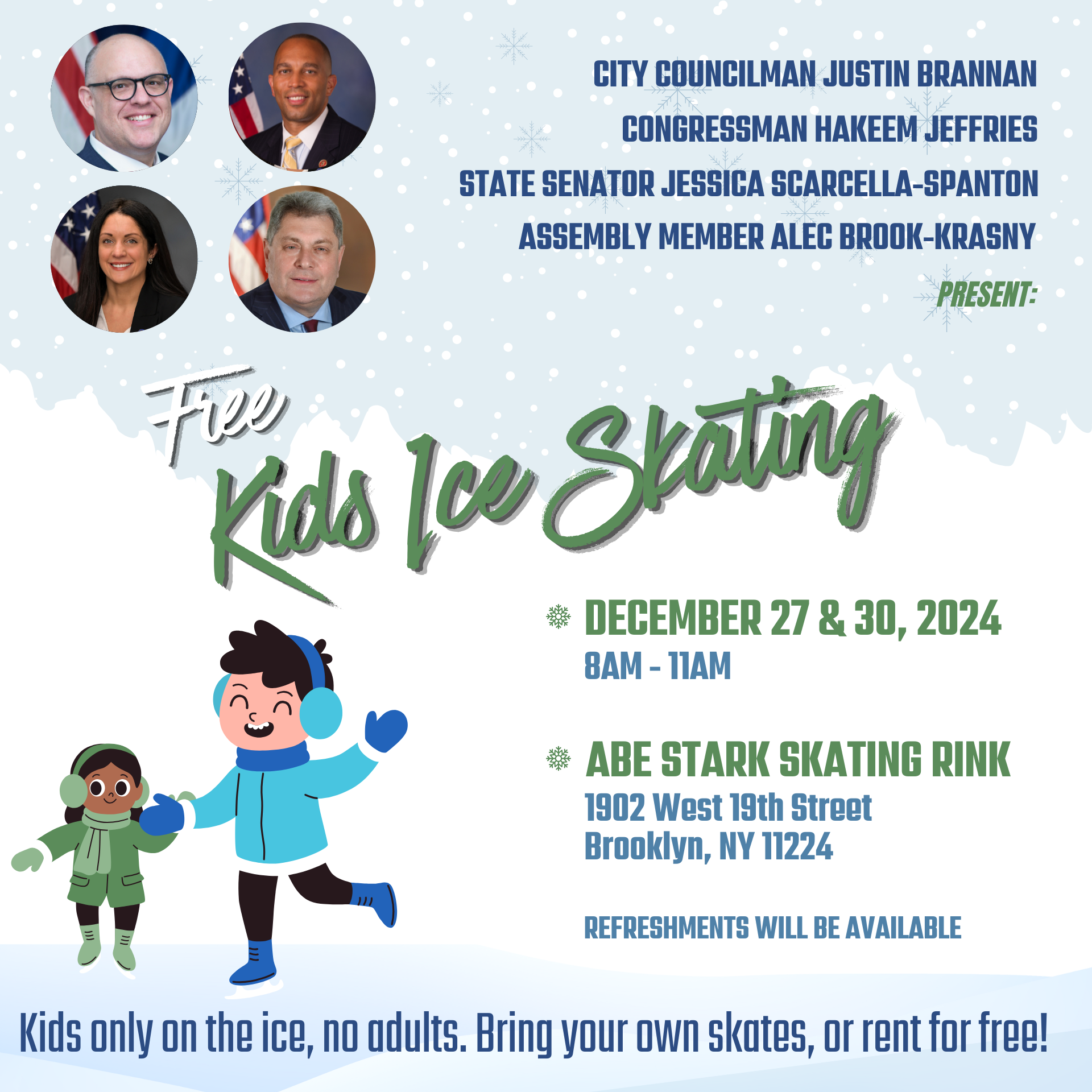 FREE KIDS ICE SKATING DEC 27 AND 30 ABE STARK SKATING RINK